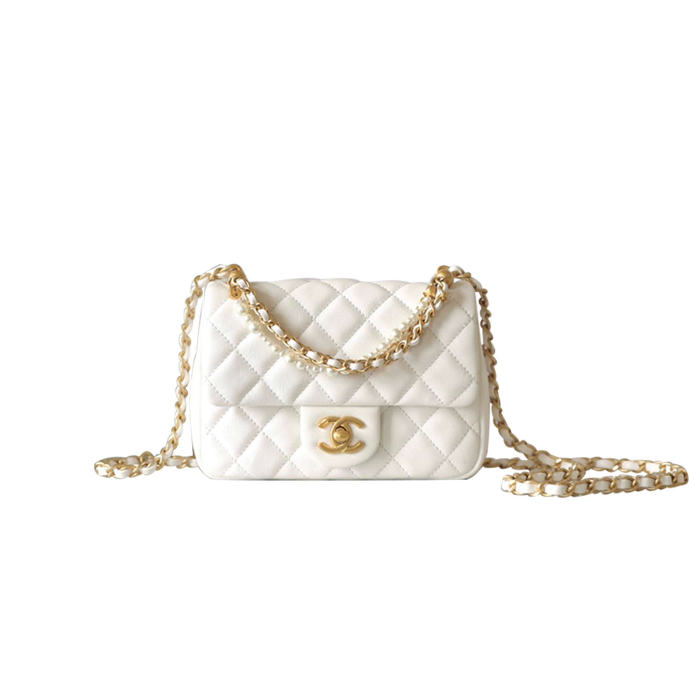 CHANEL MASTER 24P MINI PEARL CHAIN FLAP BAG WHITE AS4385 (17*12.5*5cm)